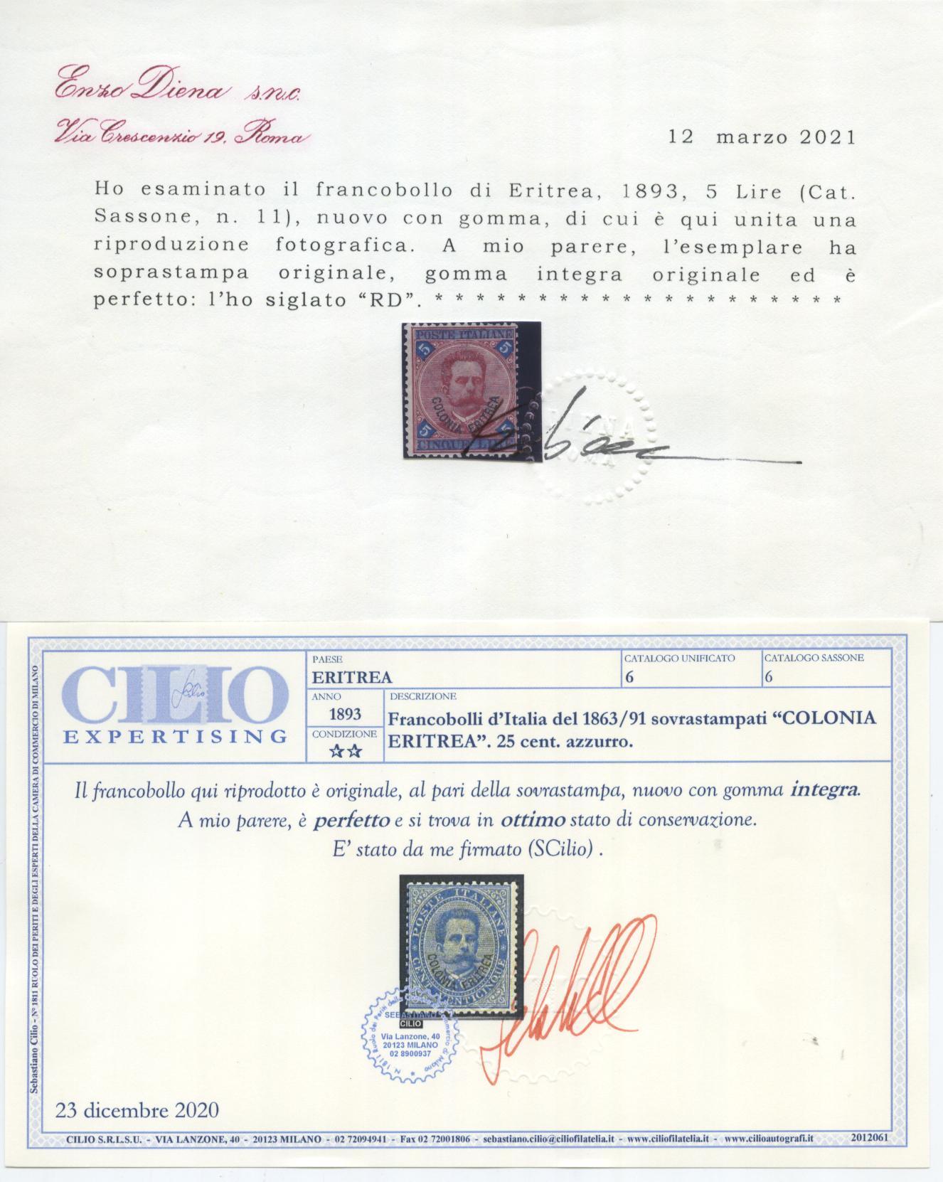 Scansione lotto: COLONIE ERITREA 1893 SOVR. 11V. 2 **  CERT.