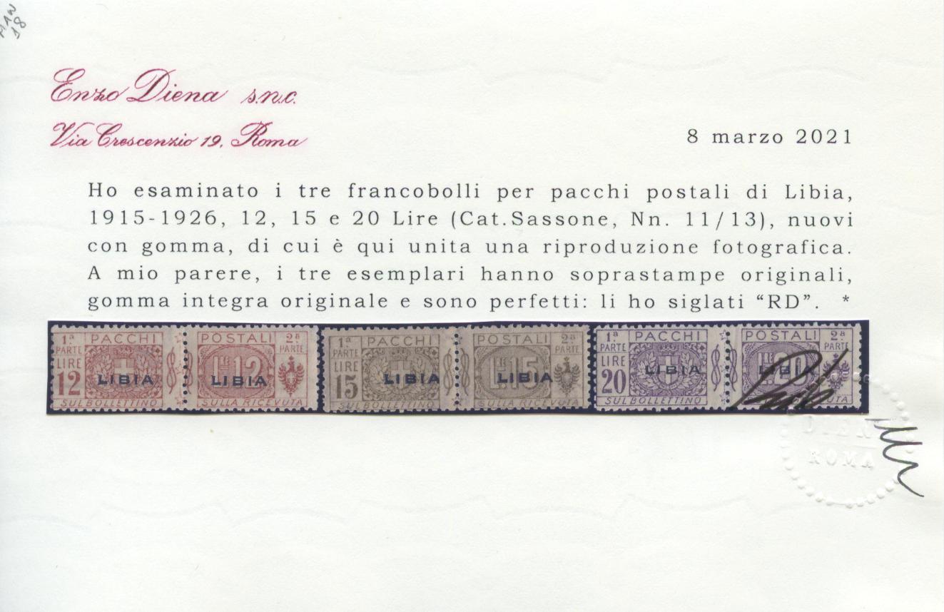 Scansione lotto: COLONIE LIBIA 1915/24 PACCHI 13V. 3 ** CENTRATO CERT.