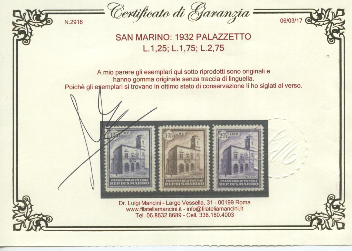 Scansione lotto: SAN MARINO 1932 PALAZZETTO 5V. 6 **  CERT.