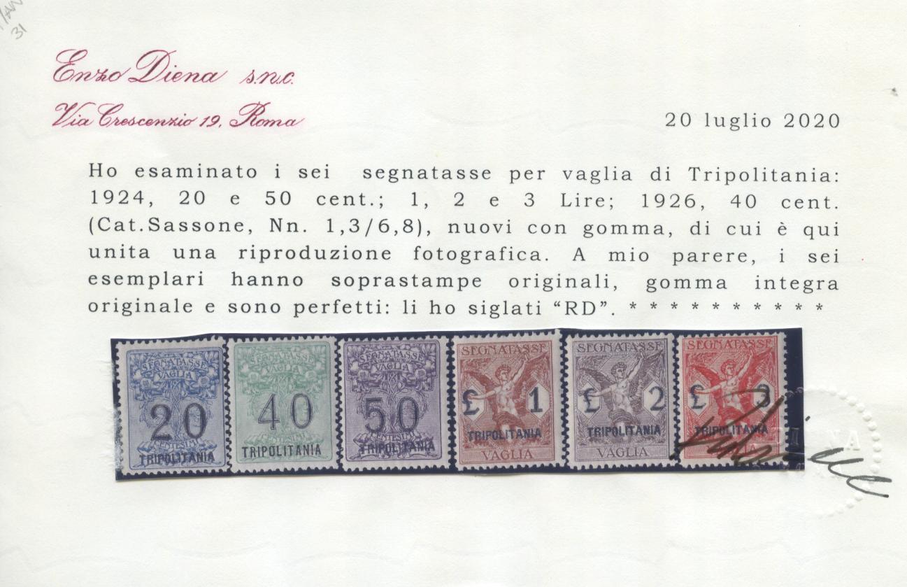 Scansione lotto: COLONIE TRIPOLITANIA 1924/6 VAGLIA 6V.mista 3 **  CERT.