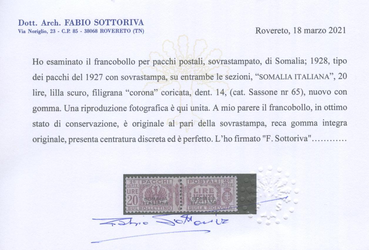 Scansione lotto: COLONIE SOMALIA 1928/41 PACCHI L.20 2 **  CERT.