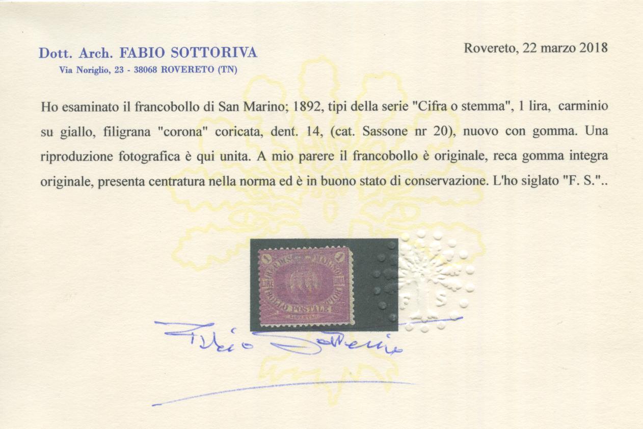 Scansione lotto: SAN MARINO 1892 L.1 ROSSA 5 **  CERT.