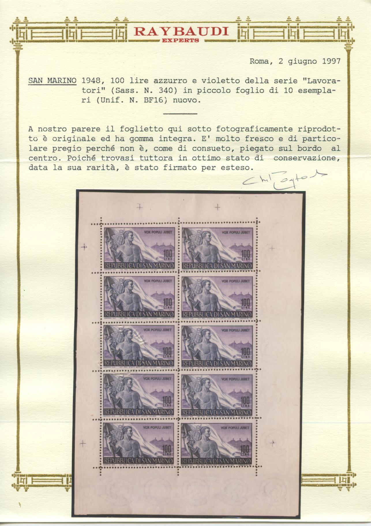 Scansione lotto: SAN MARINO 1948 B.F. LAVORATORI ** LUSSO CERT.