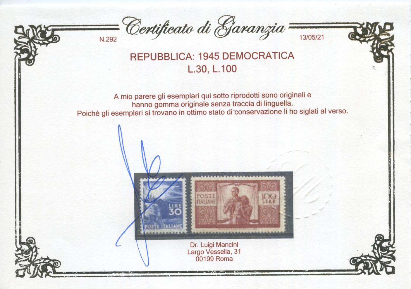 Scansione lotto: REPUBBLICA 1945 DEMOCRATICA 23V. 3 ** LUSSO CERT.