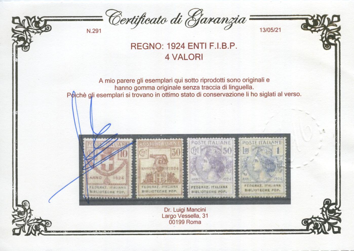Scansione lotto: REGNO 1924 ENTI F.I.B.P. 4V. 2 ** CENTRATO CERT.