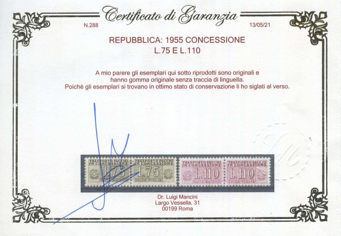Scansione lotto: REPUBBLICA 1955 CONCESS. L.75 E 110 2 ** CENTRATO CERT.