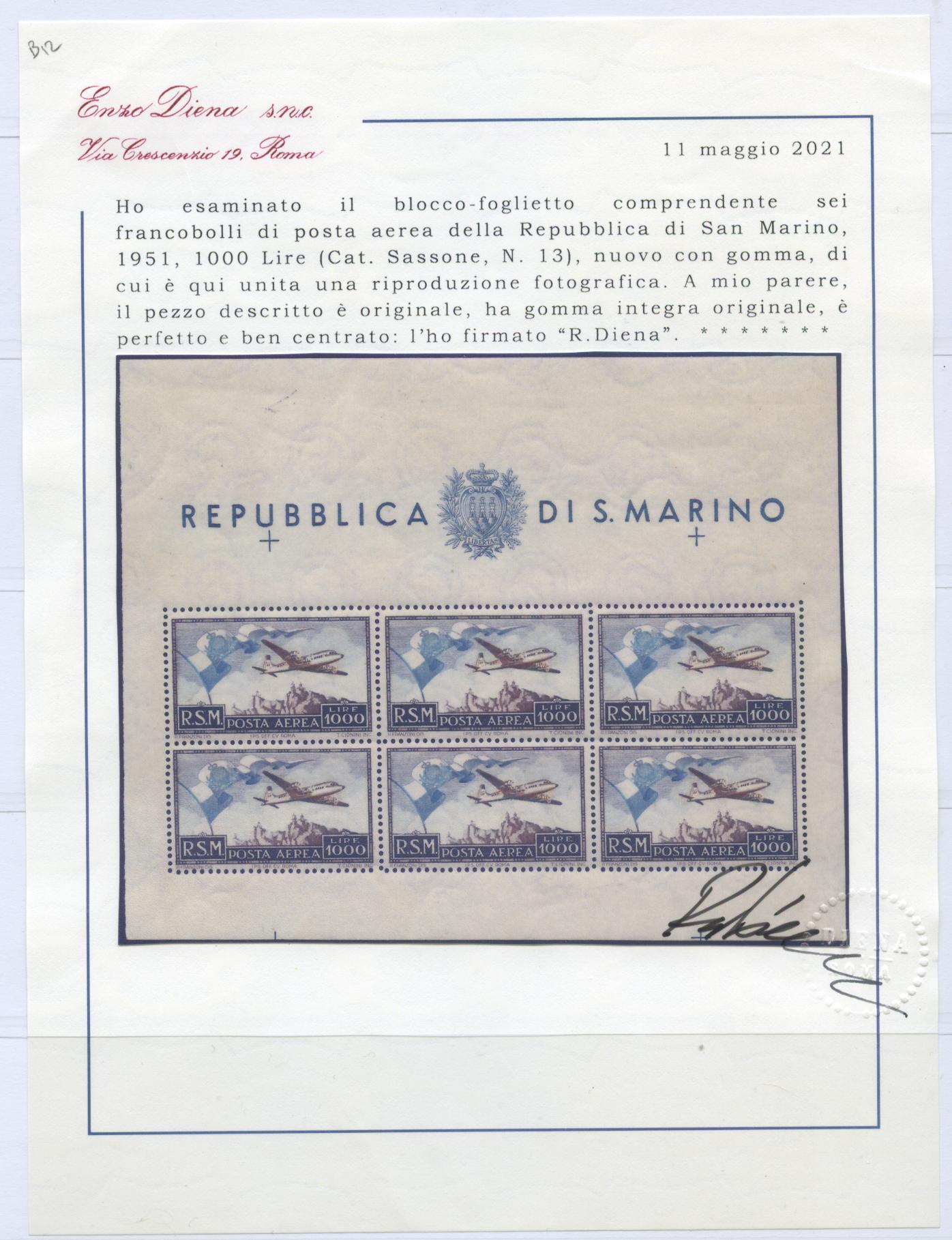 Scansione lotto: SAN MARINO 1951 B.F. POSTA AEREA L.1000 ** LUSSO CERT.