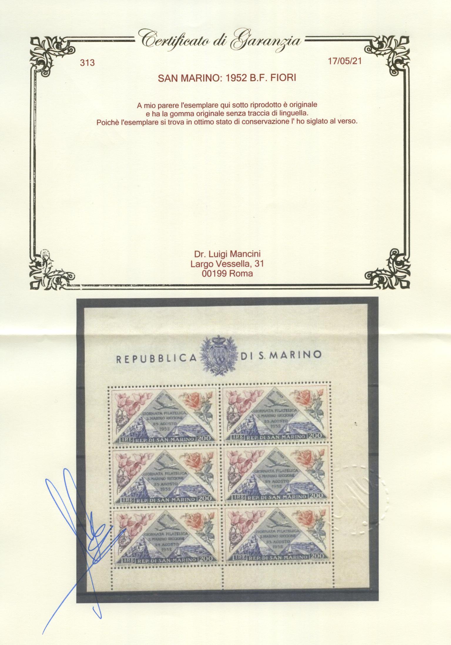 Scansione lotto: SAN MARINO 1952 B.F. FIORI 2 ** LUSSO CERT.