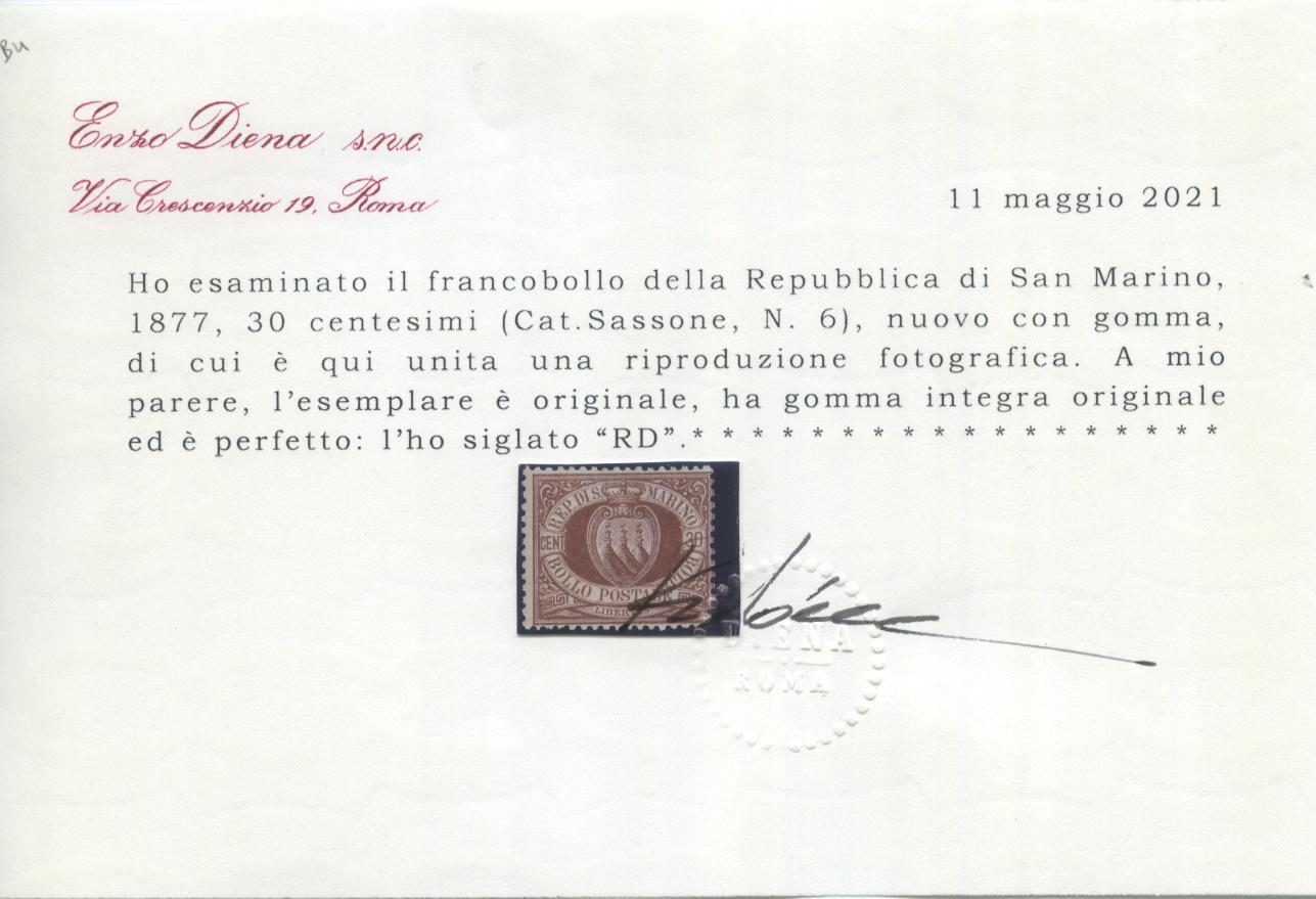 Scansione lotto: SAN MARINO 1877 30C. ** CENTRATO CERT.