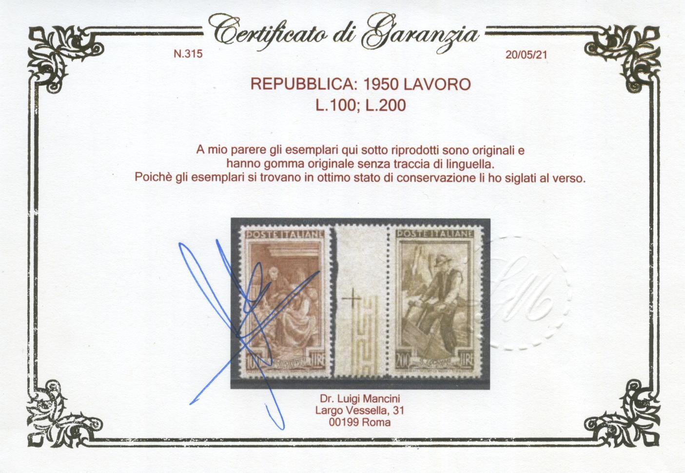 Scansione lotto: REPUBBLICA 1950 ANNATA CPL. 37V. 2 ** LUSSO CERT.
