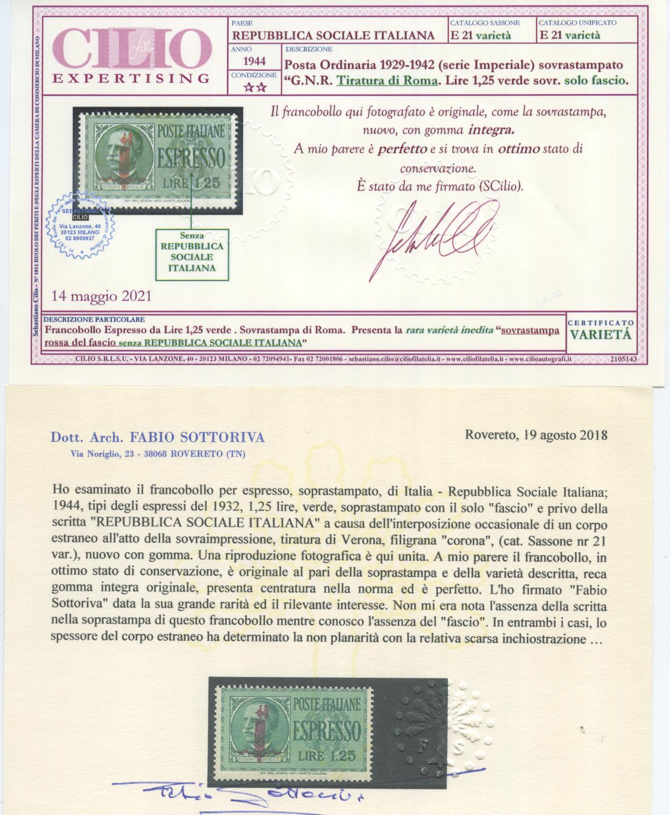 Scansione lotto: RSI E LUOGOTENENZA 1944 EX L.1,25 VARIETA' **  CERT.