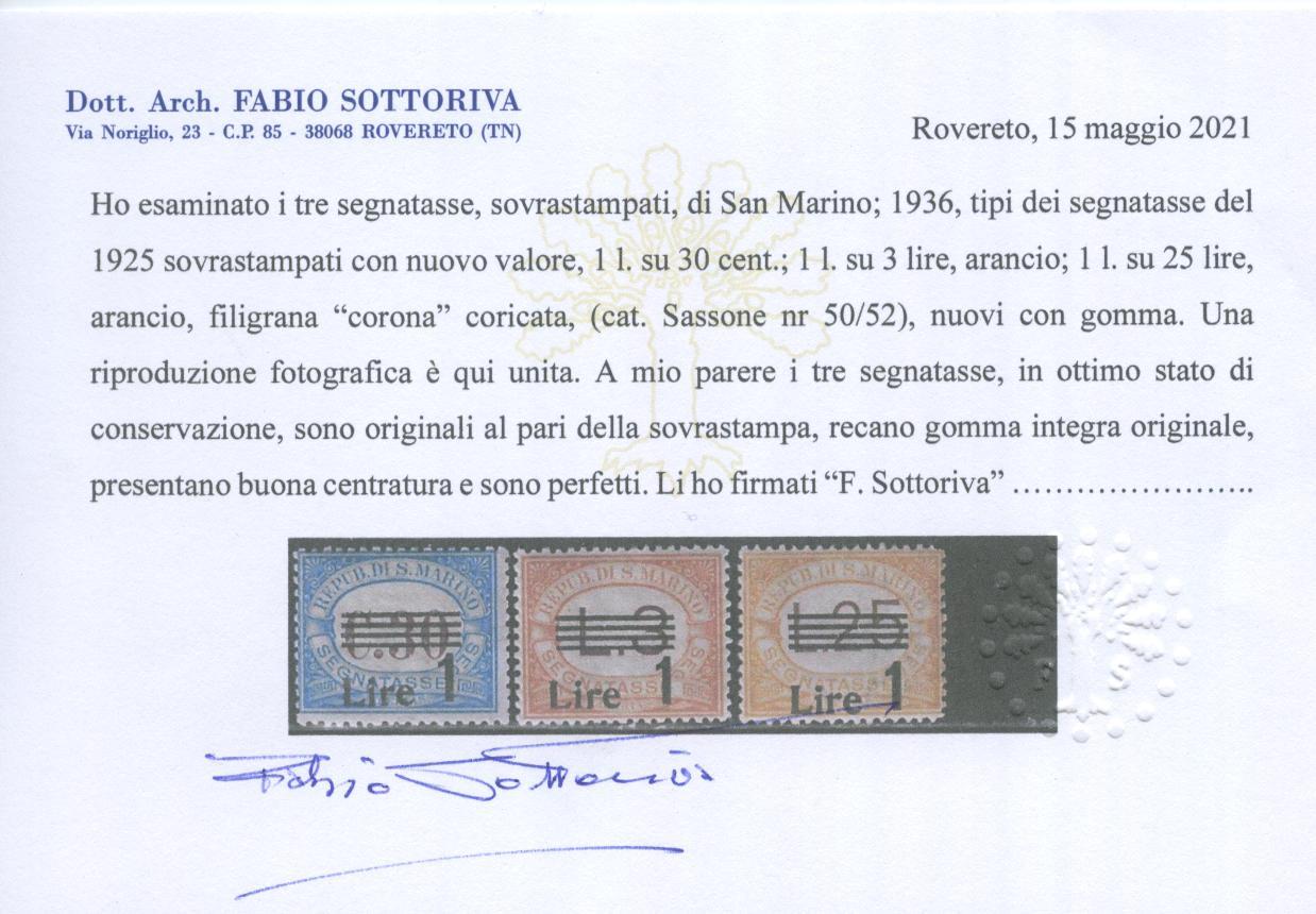 Scansione lotto: SAN MARINO 1936/9 TASSE SOVR. 7V. 3 ** CENTRATO CERT.