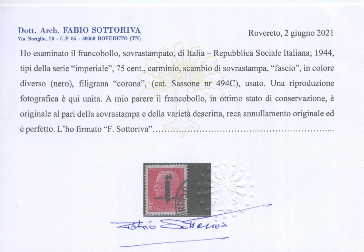 Scansione lotto: RSI E LUOGOTENENZA 1944 C.75 FASCIO NERO US.  CERT.