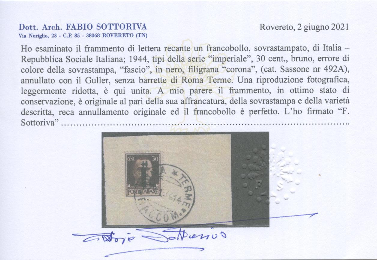 Scansione lotto: RSI E LUOGOTENENZA 1944 C.30 FASCIO NERO US.  CERT.