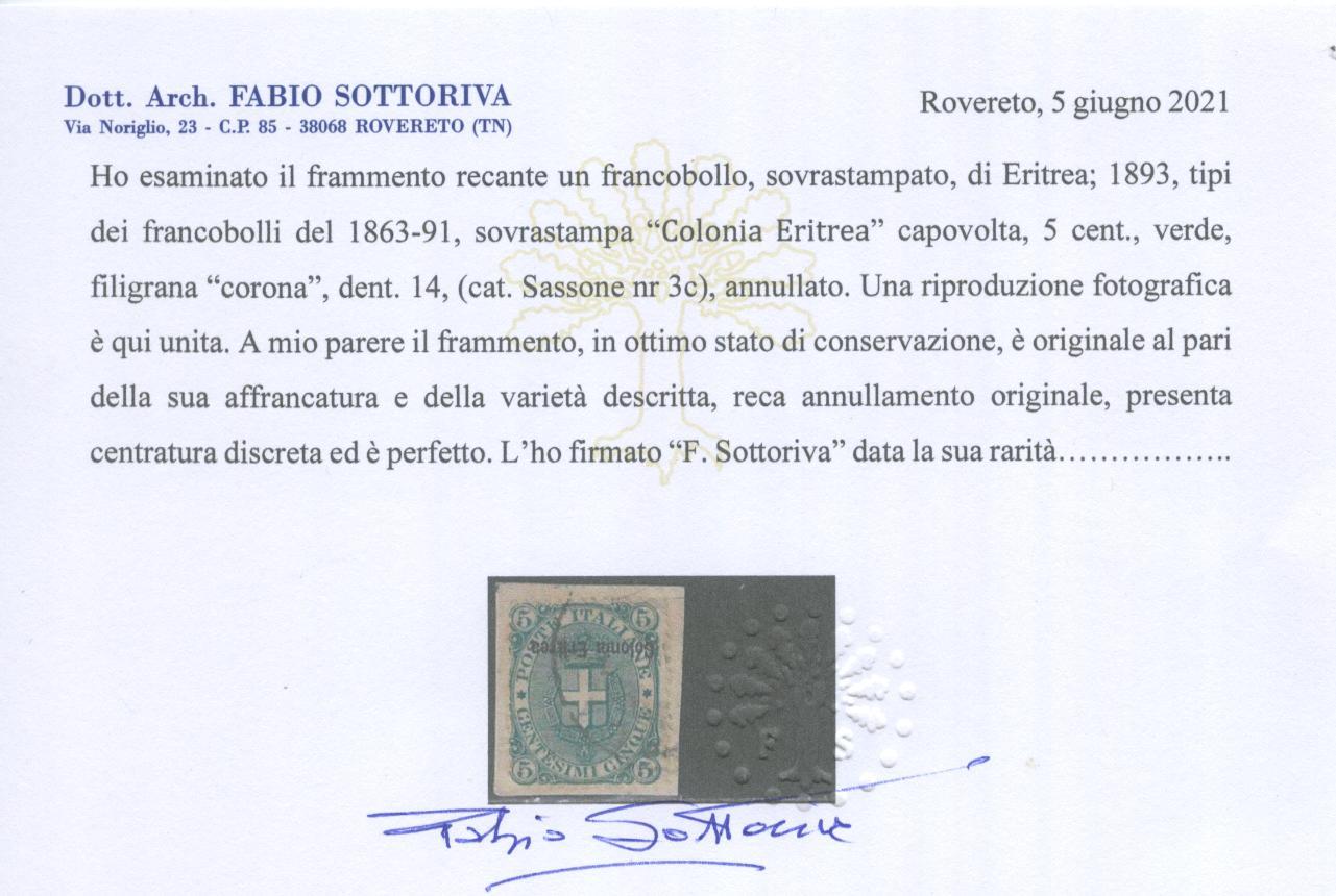 Scansione lotto: COLONIE ERITREA 1893 C.5 SOVR. ROVES. US.  CERT.