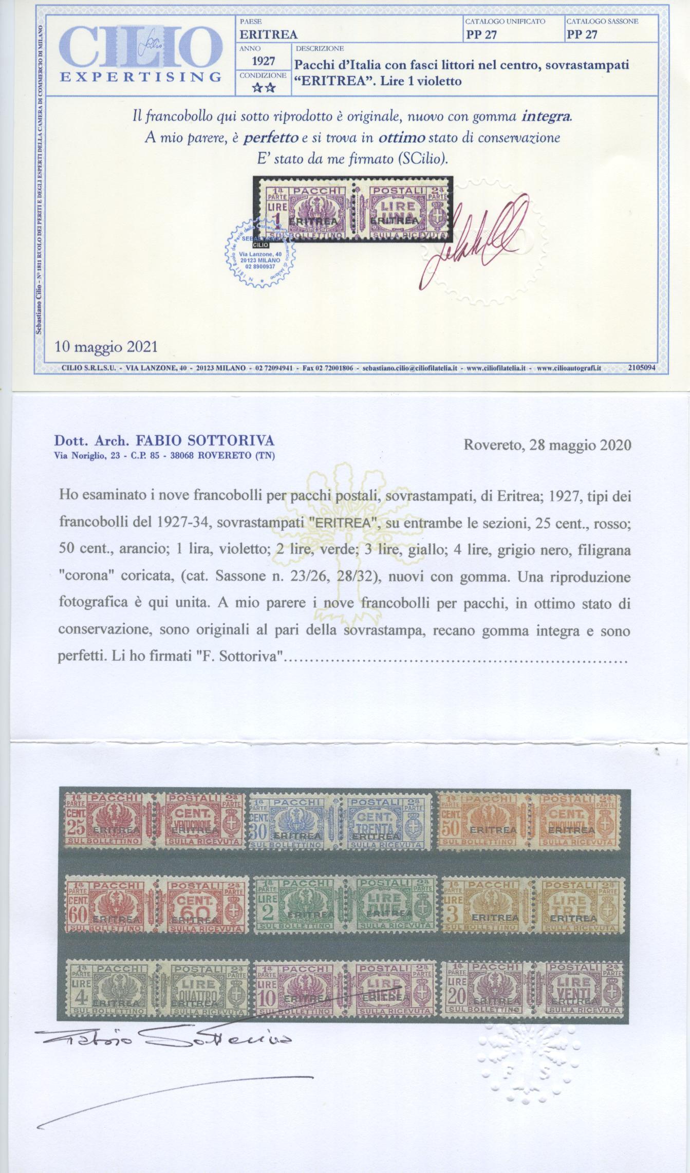 Scansione lotto: COLONIE ERITREA 1927/37 PACCHI 10V. **  CERT.