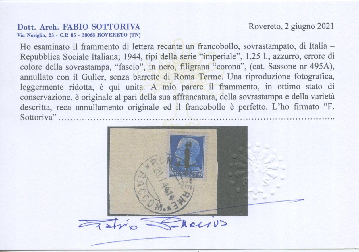 Scansione lotto: RSI E LUOGOTENENZA 1944 L.1,25 FACIO NERO US.  CERT.