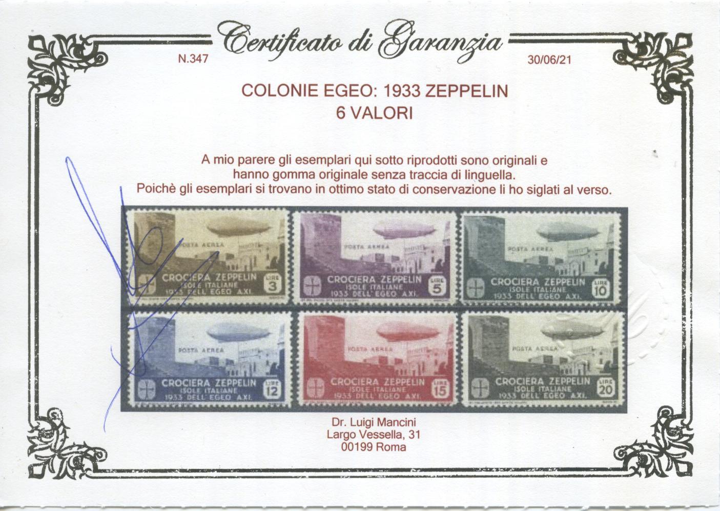 Scansione lotto: COLONIE EGEO 1933 ZEPPELIN 6V. 3 ** CENTRATO CERT.