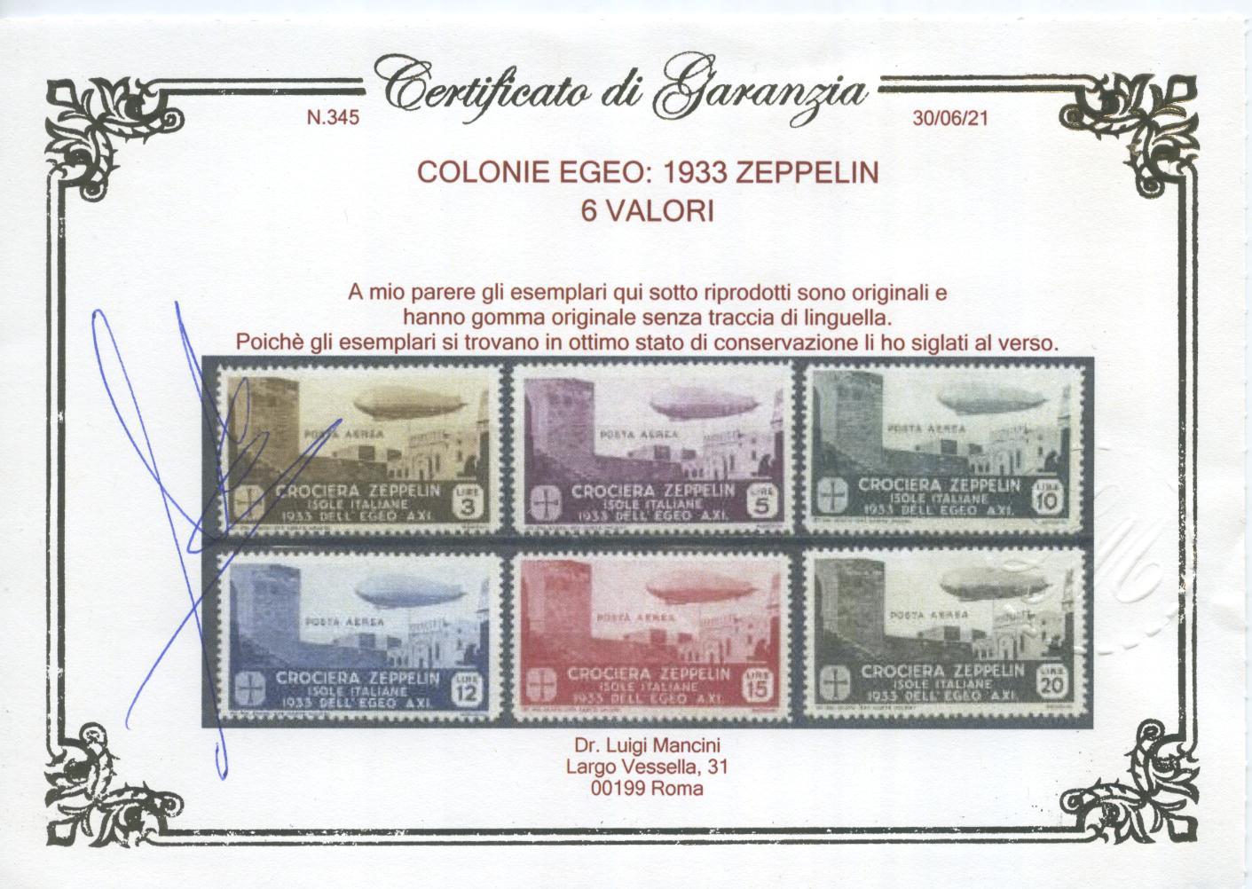 Scansione lotto: COLONIE EGEO 1933 ZEPPELIN 6V. 4 **  CERT.