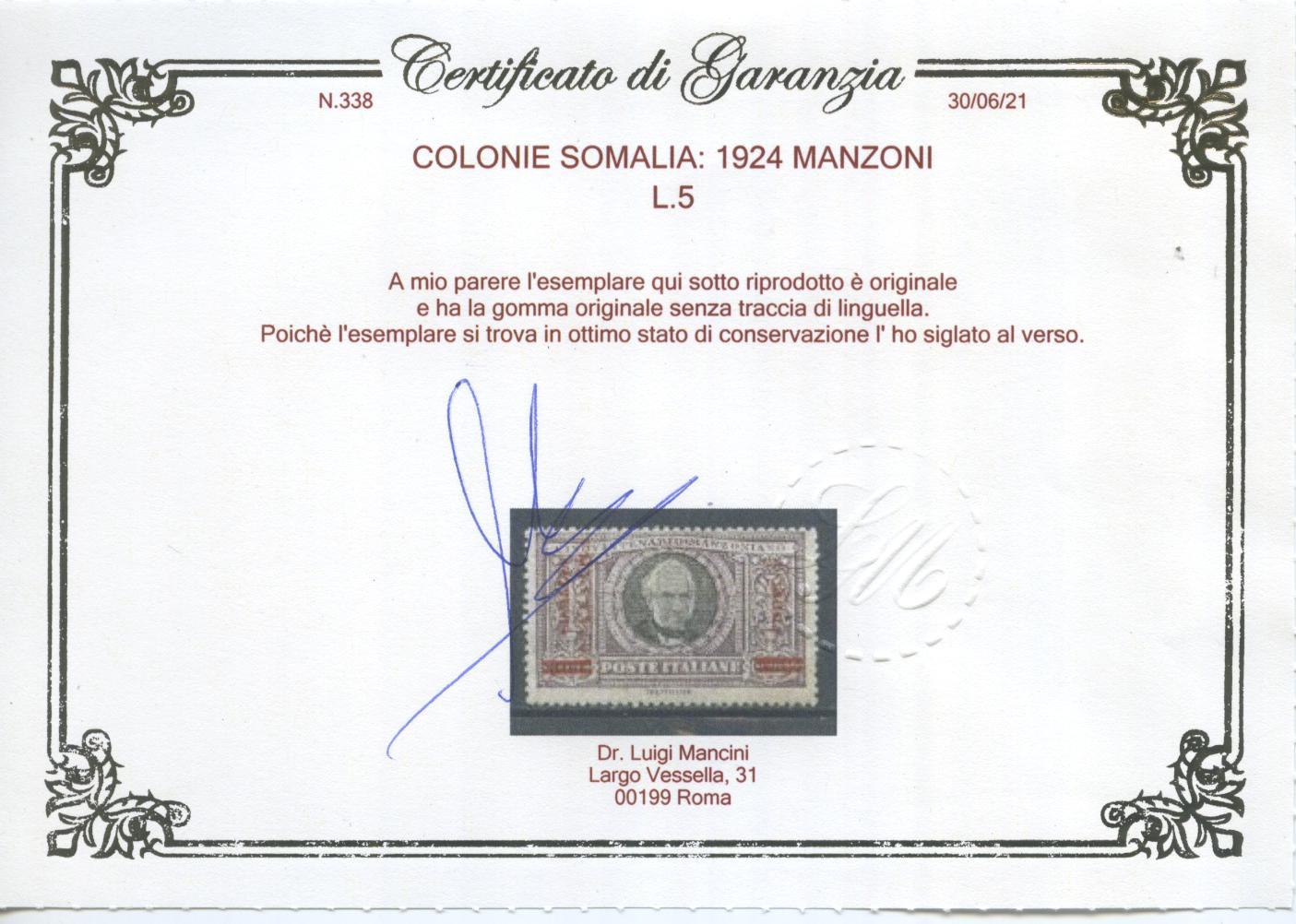Scansione lotto: COLONIE SOMALIA 1924 MANZONI 6V. 2 ** CENTRATO CERT.
