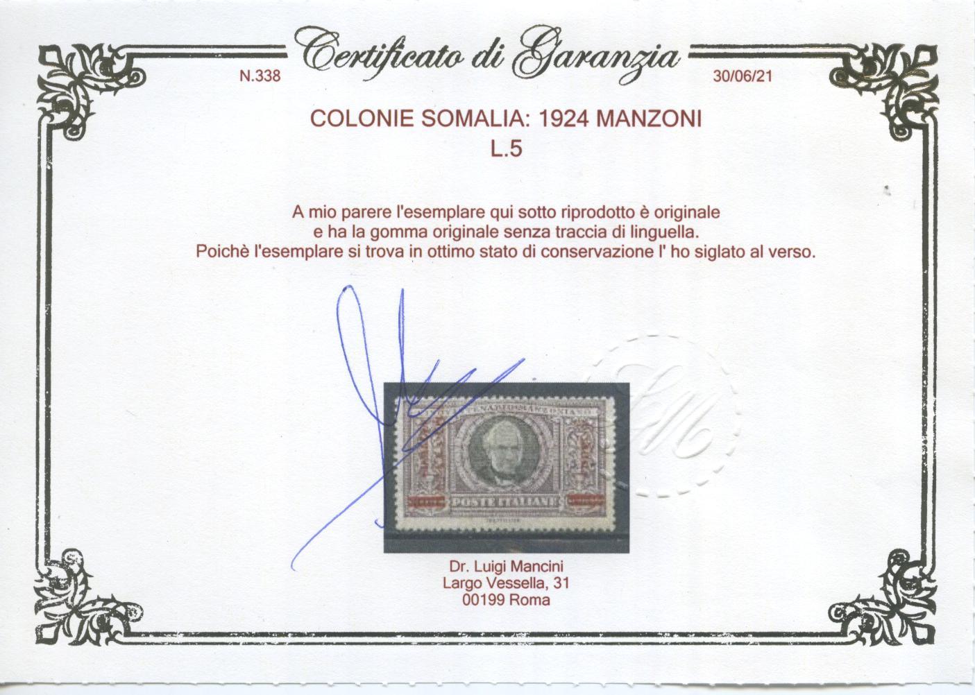 Scansione lotto: COLONIE SOMALIA 1924 MANZONI 6V. 2 ** CENTRATO CERT.