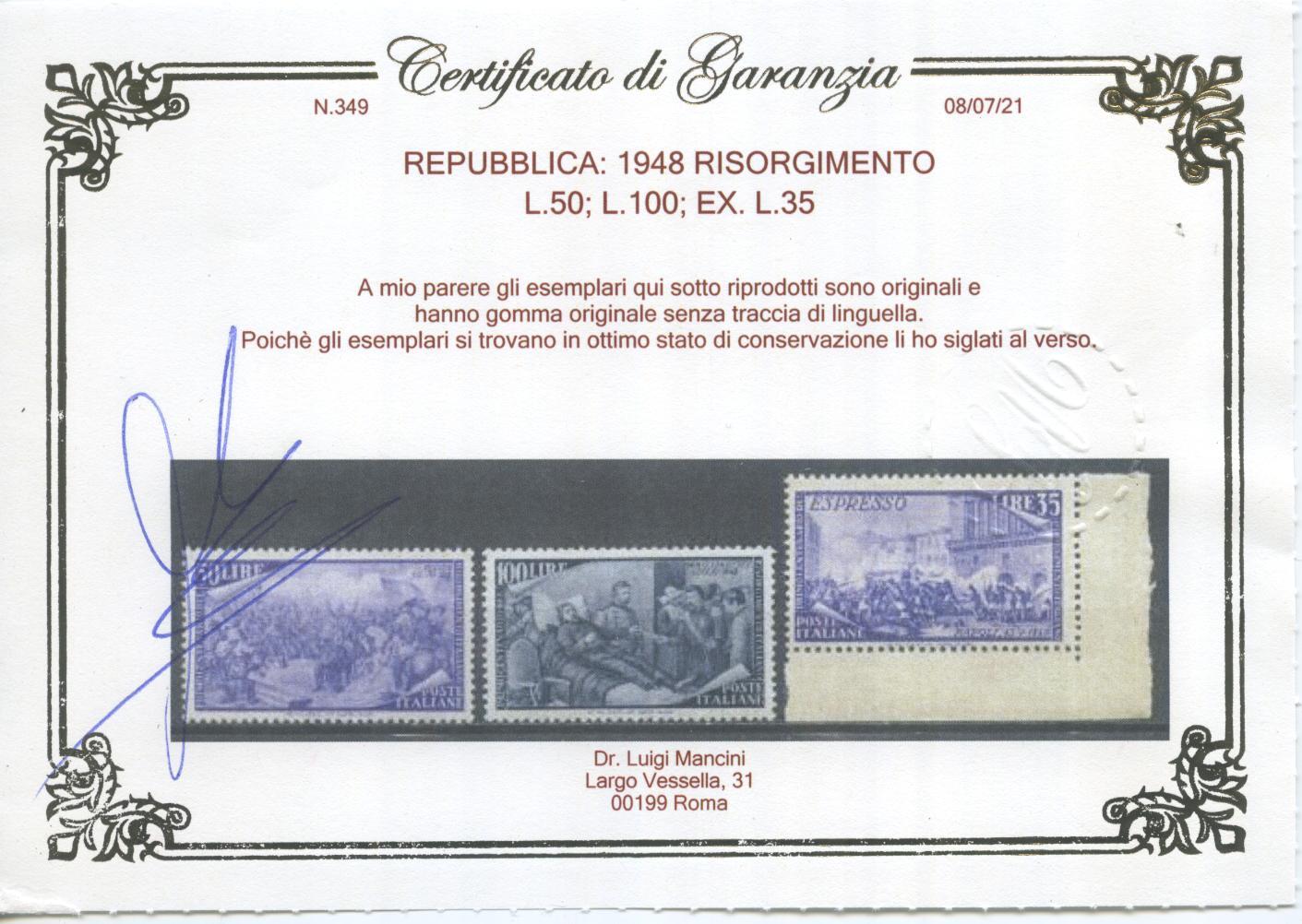 Scansione lotto: REPUBBLICA 1948 RISORGIMENTO 13V. 6 ** LUSSO CERT.