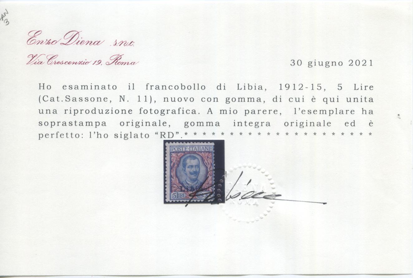 Scansione lotto: COLONIE LIBIA 1912/5 SOVR. L.5 **  CERT.