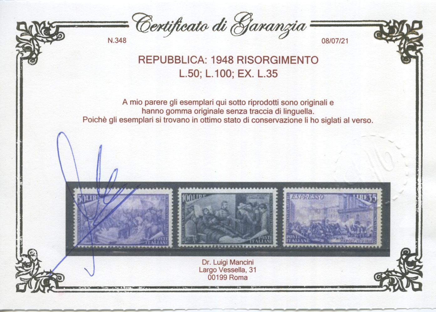 Scansione lotto: REPUBBLICA 1948 RISORGIMENTO 13V. 2 **  CERT.