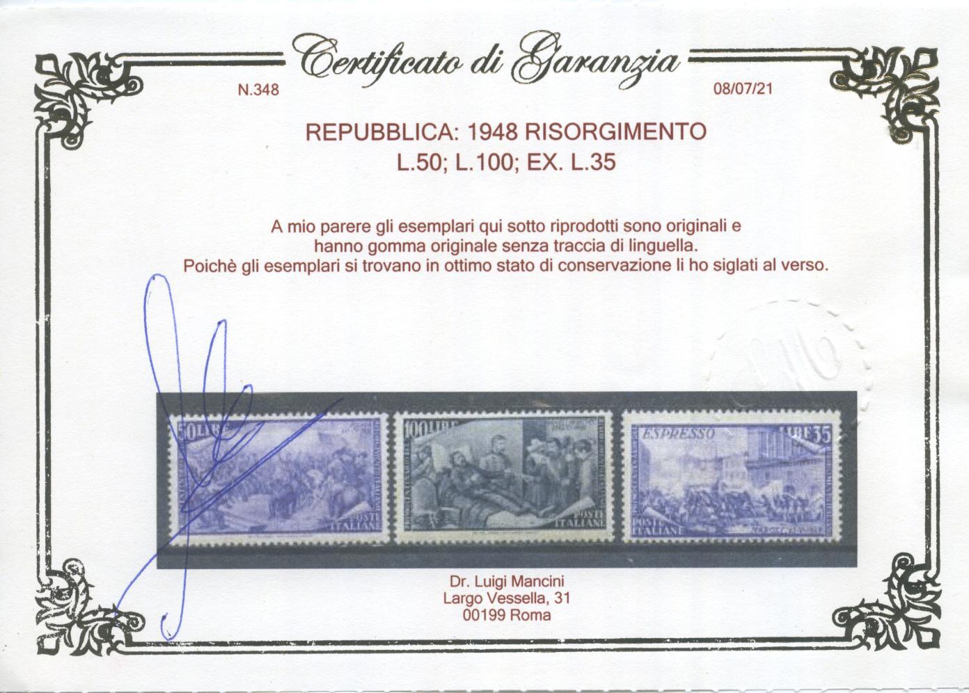 Scansione lotto: REPUBBLICA 1948 RISORGIMENTO 13V. **  CERT.