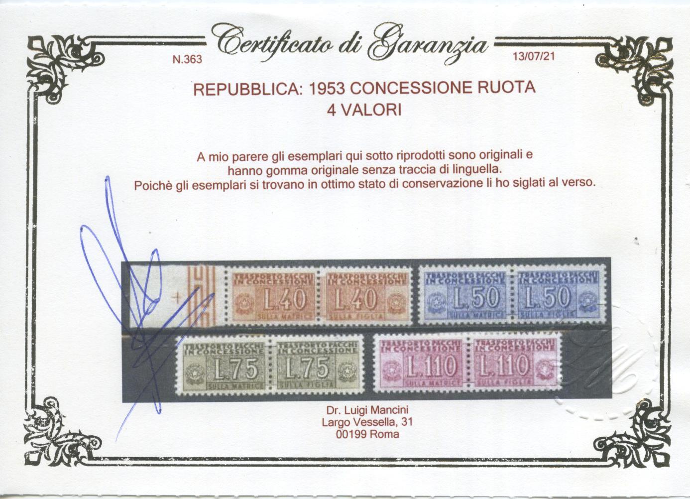 Scansione lotto: REPUBBLICA 1953 CONCESSIONE RUOTA 4V. 2 ** LUSSO CERT.