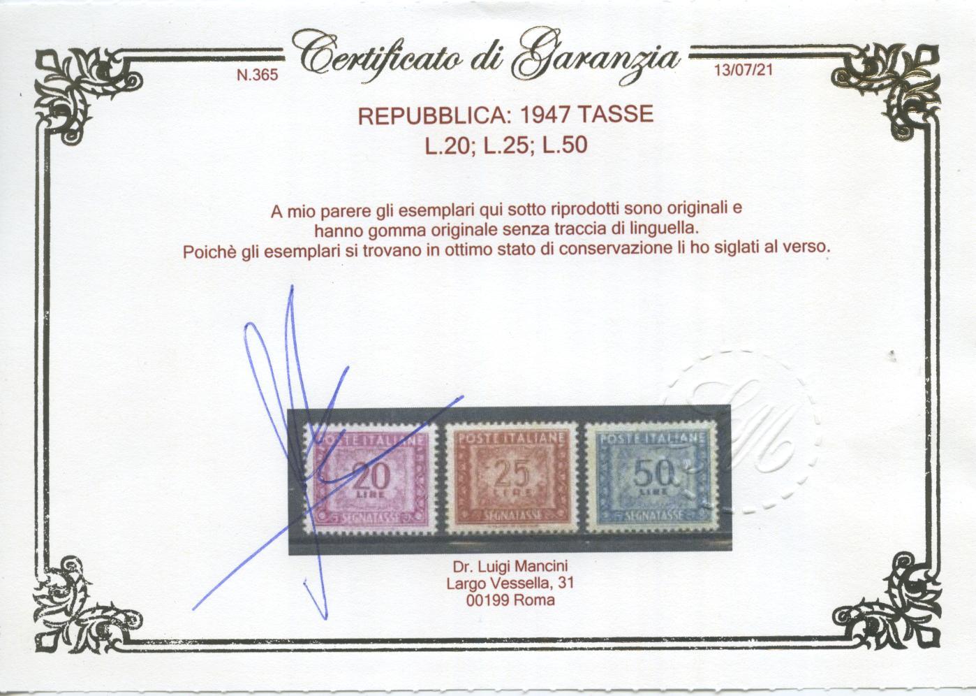 Scansione lotto: REPUBBLICA 1947 TASSE 14V. 5 ** LUSSO CERT.