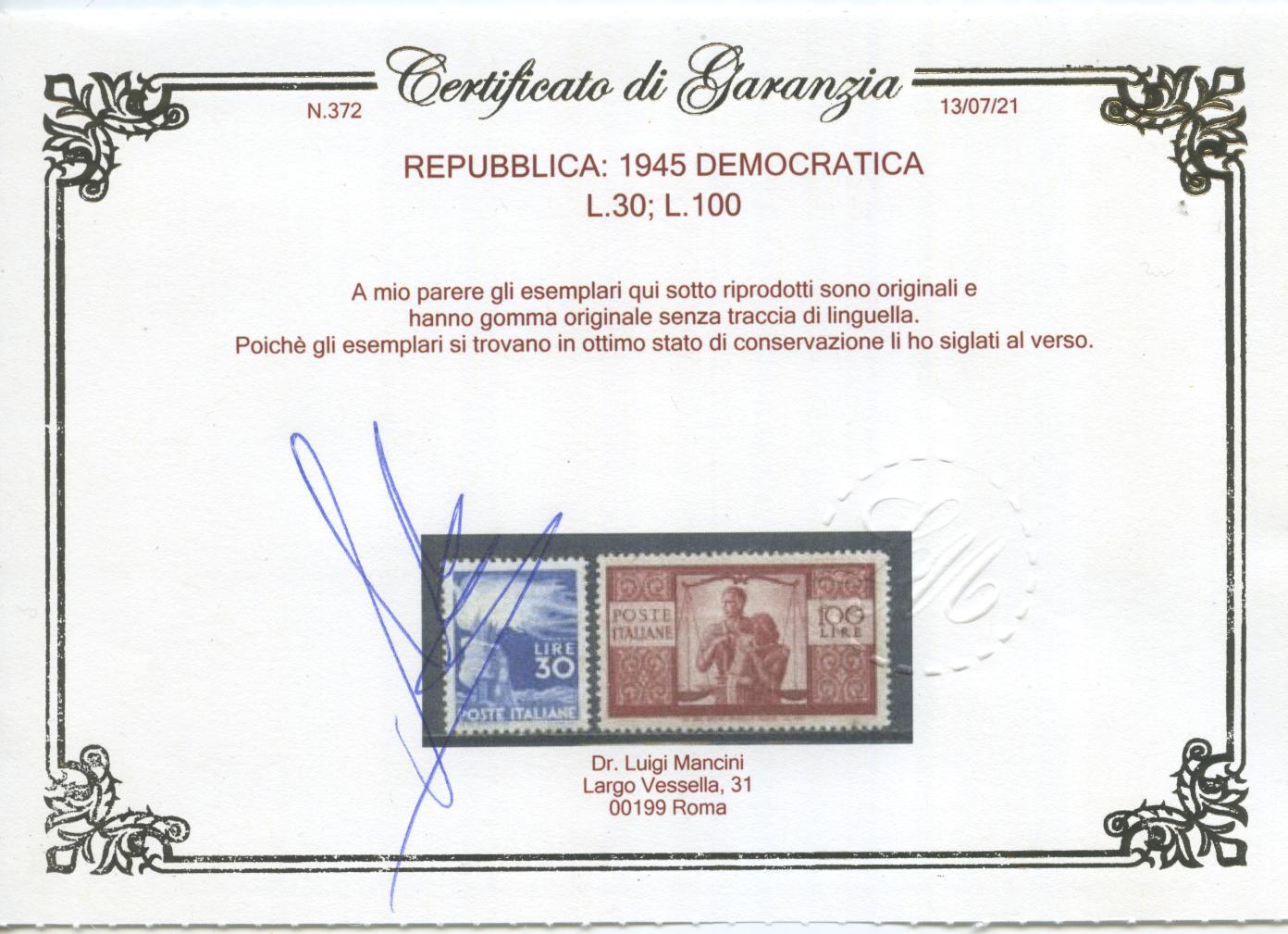 Scansione lotto: REPUBBLICA 1945 DEMOCRATICA 23V. 6 ** LUSSO CERT.