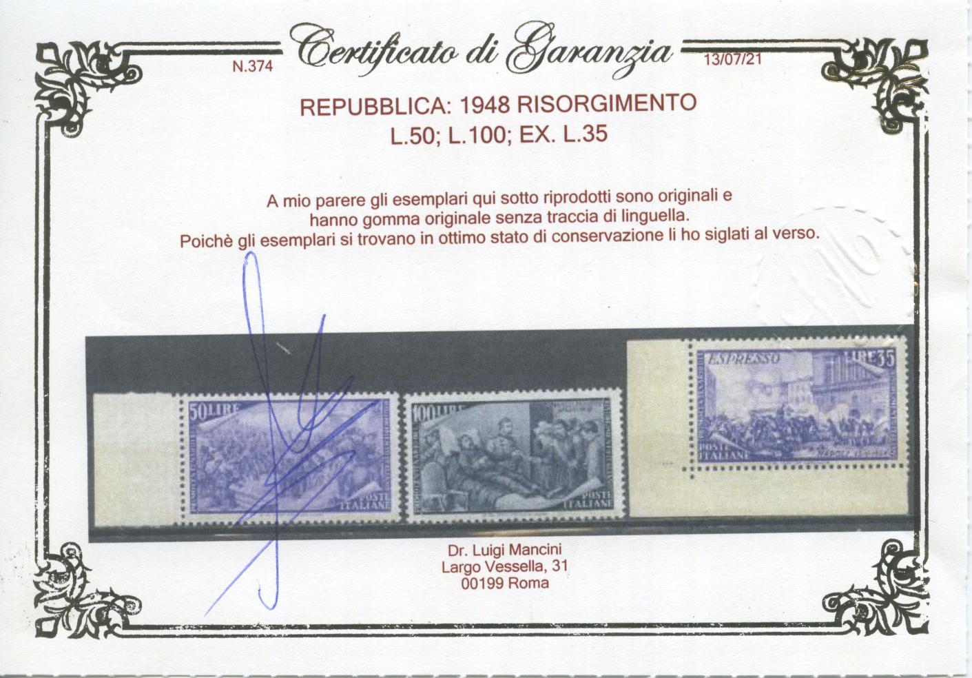 Scansione lotto: REPUBBLICA 1948 RISORGIMENTO 13V. 5 ** LUSSO CERT.