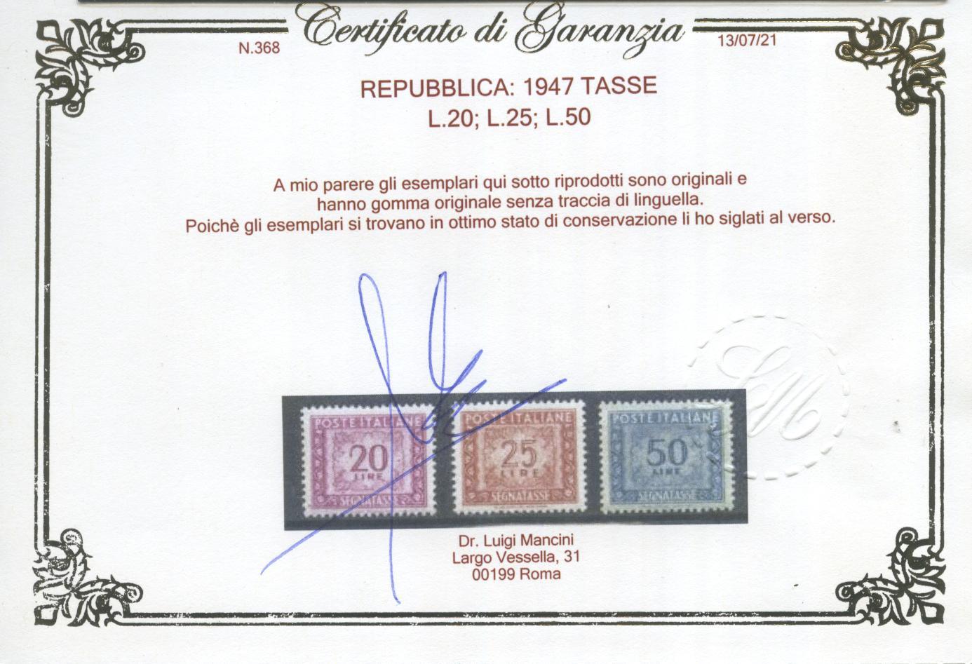 Scansione lotto: REPUBBLICA 1947 TASSE 14V. 4 ** LUSSO CERT.