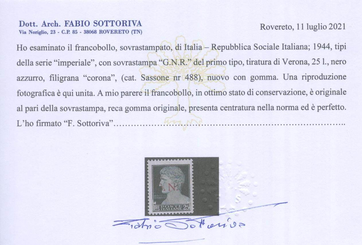 Scansione lotto: RSI E LUOGOTENENZA 1944 L.25 SOVR. GNR *  CERT.