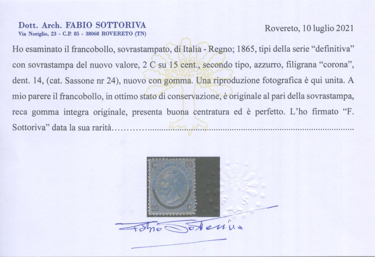 Scansione lotto: REGNO 1865 20C. SU 15C. II TIPO ** CENTRATO CERT.