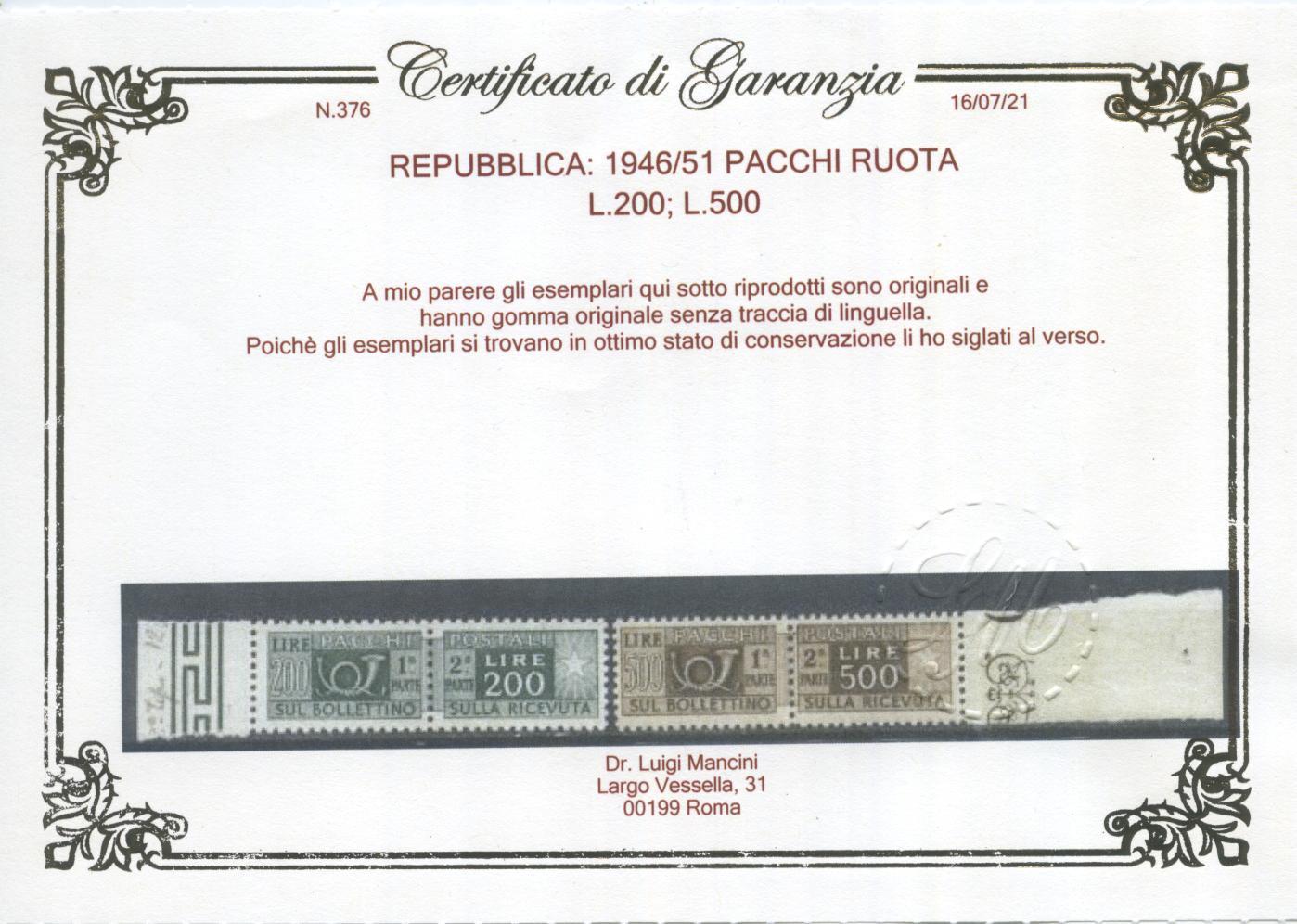 Scansione lotto: REPUBBLICA 1946/51 PACCHI RUOTA 14V. 3 ** LUSSO CERT.
