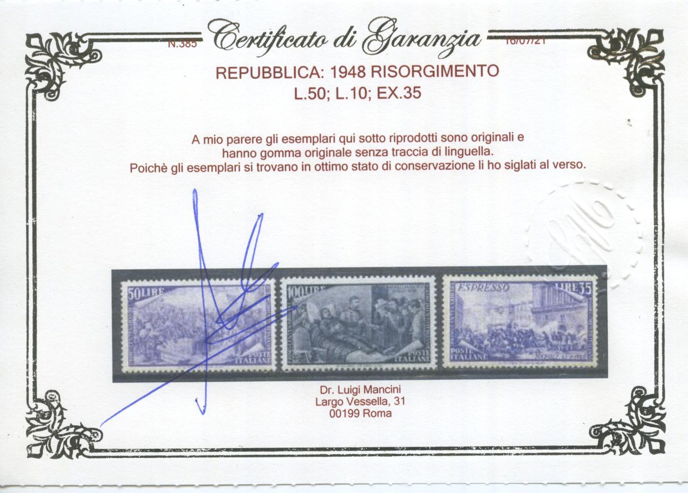 Scansione lotto: REPUBBLICA 1948 RISORGIMENTO 13V. 9 ** LUSSO CERT.