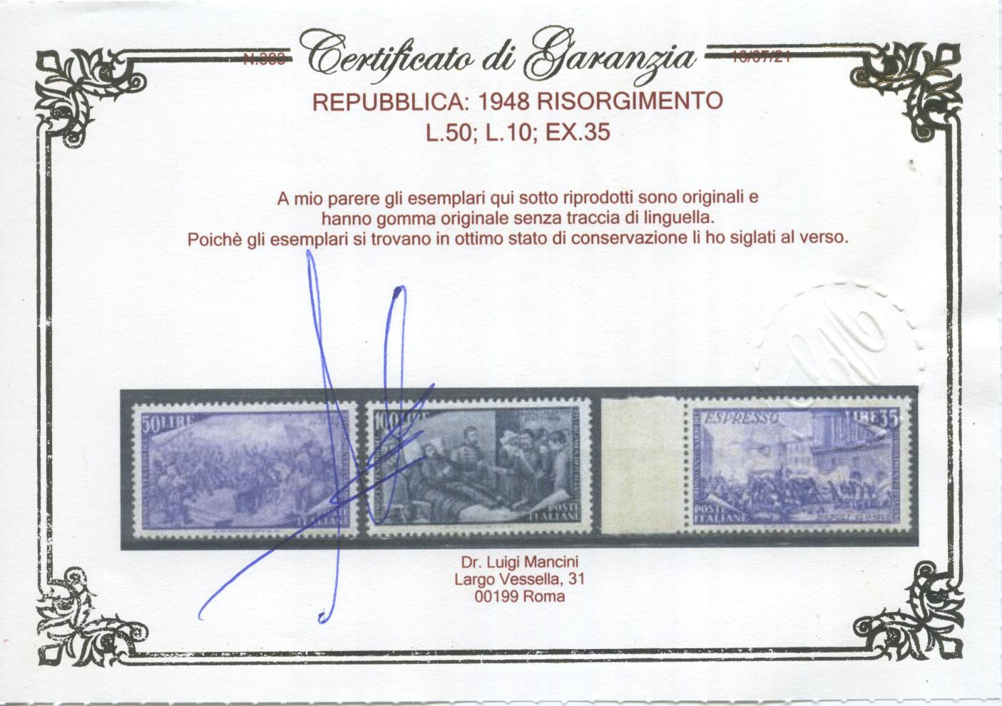 Scansione lotto: REPUBBLICA 1948 RISORGIMENTO 13V. 14 ** LUSSO CERT.