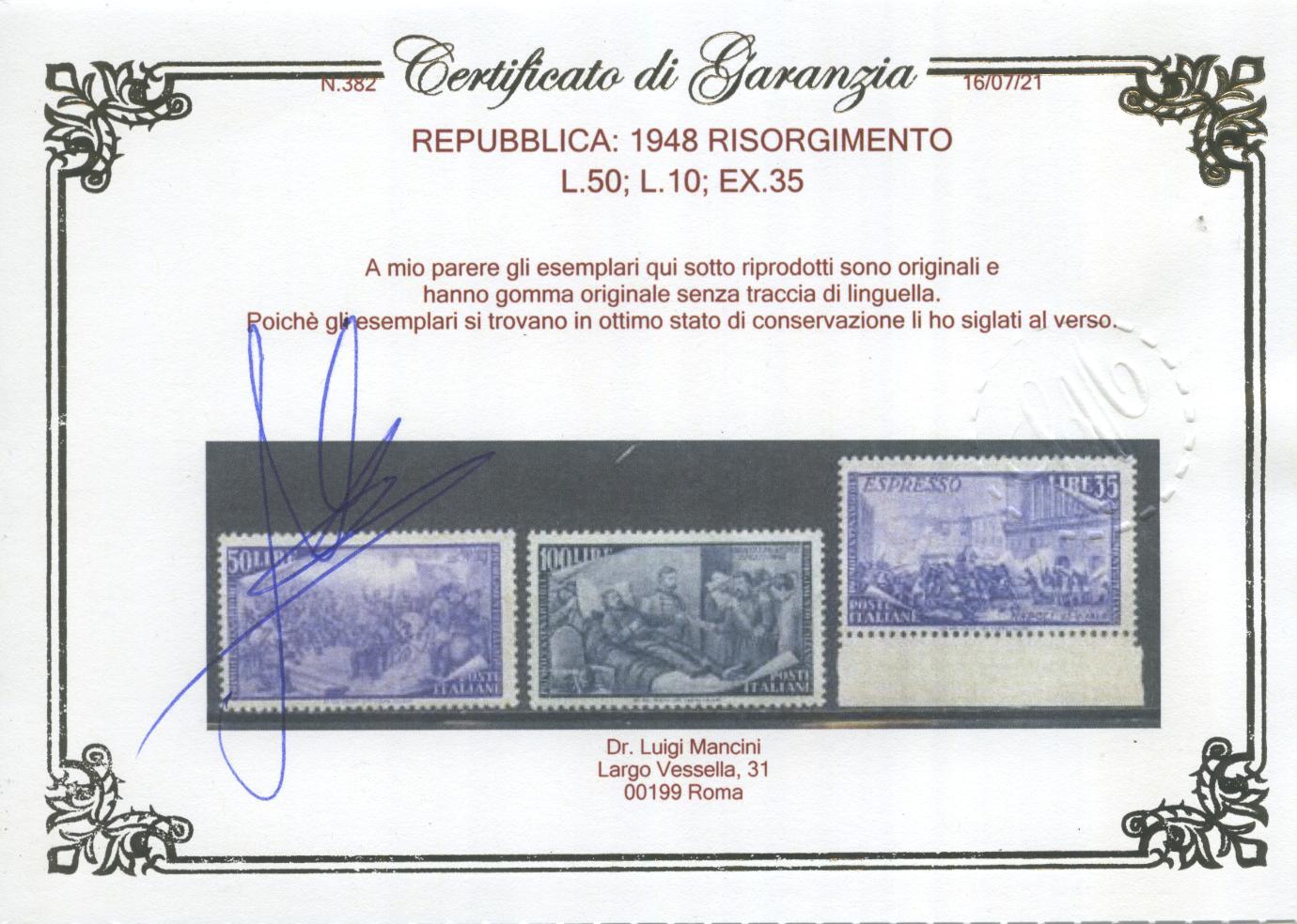 Scansione lotto: REPUBBLICA 1948 RISORGIMENTO 13V. 12 ** LUSSO CERT.
