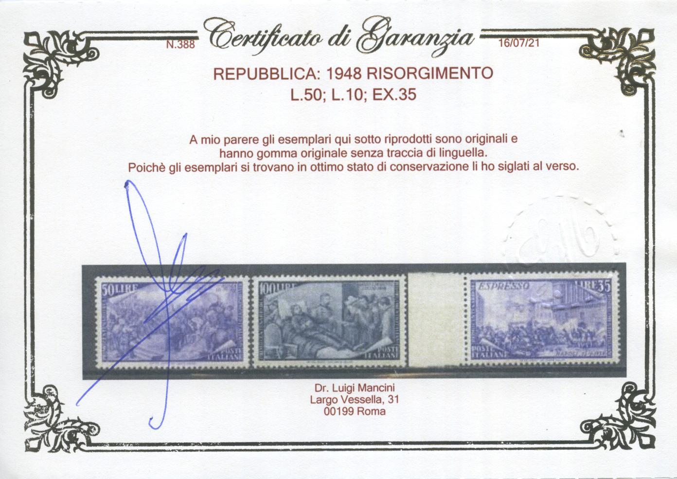 Scansione lotto: REPUBBLICA 1948 RISORGIMENTO 13V. 7 ** LUSSO CERT.