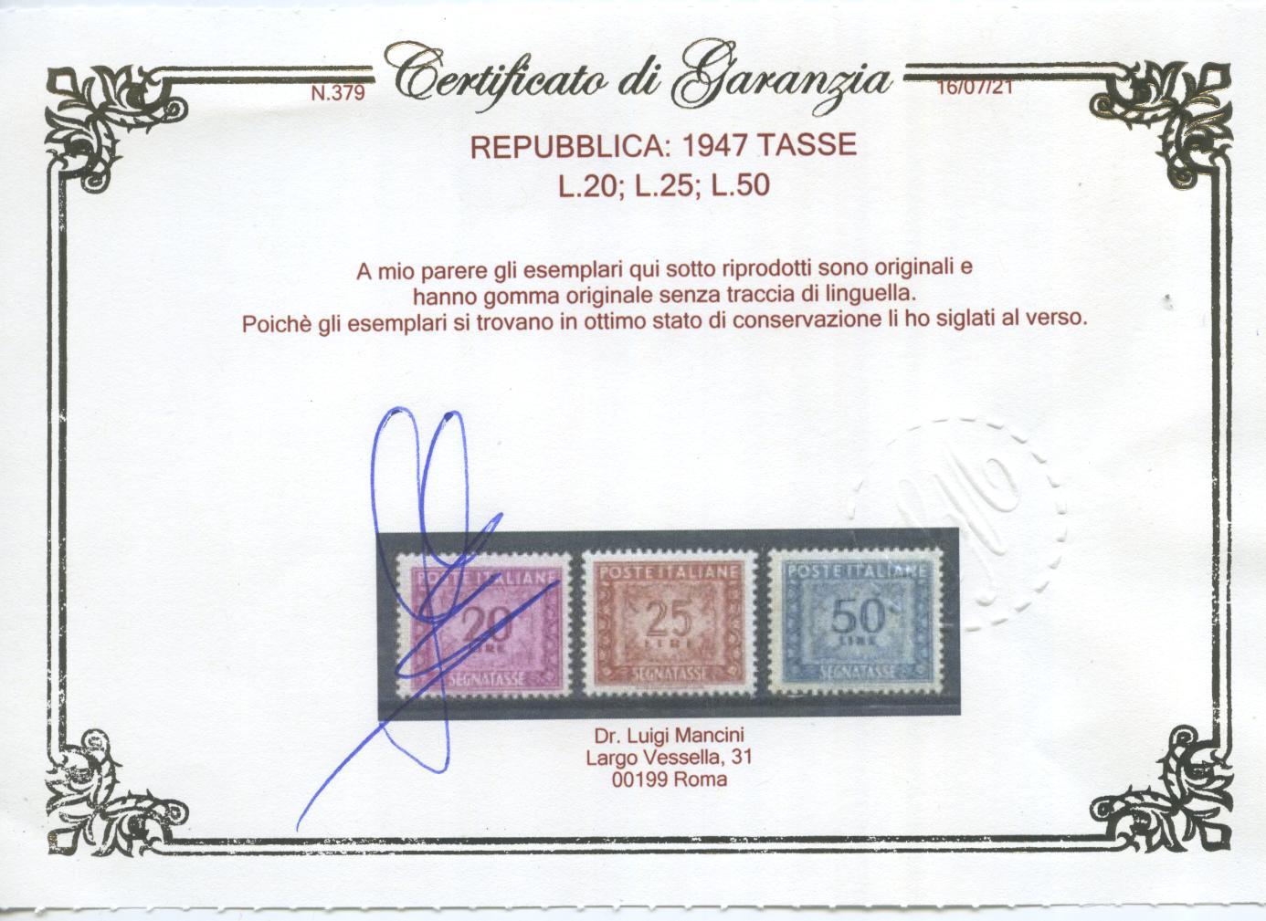 Scansione lotto: REPUBBLICA 1947 TASSE 14V. 7 ** LUSSO CERT.