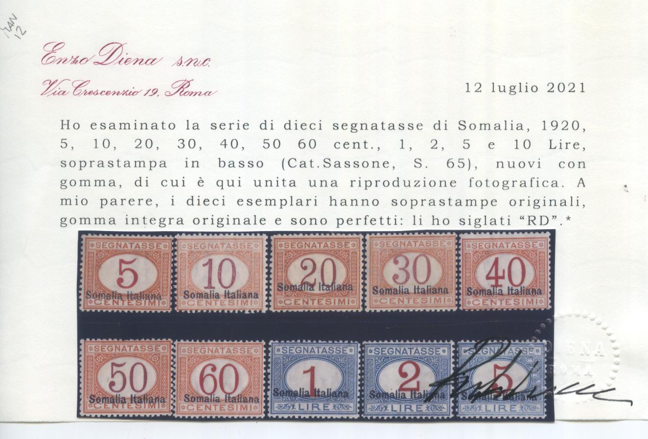 Scansione lotto: COLONIE SOMALIA 1920 TASSE 10V. 2 ** LUSSO CERT.