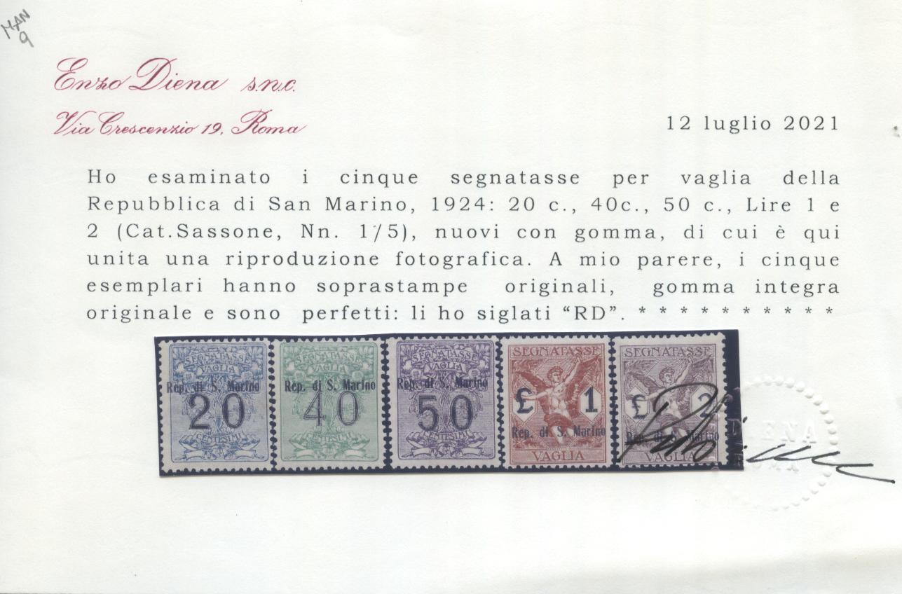 Scansione lotto: SAN MARINO 1924 TASSE VAGLIA 5V. ** CENTRATO CERT.