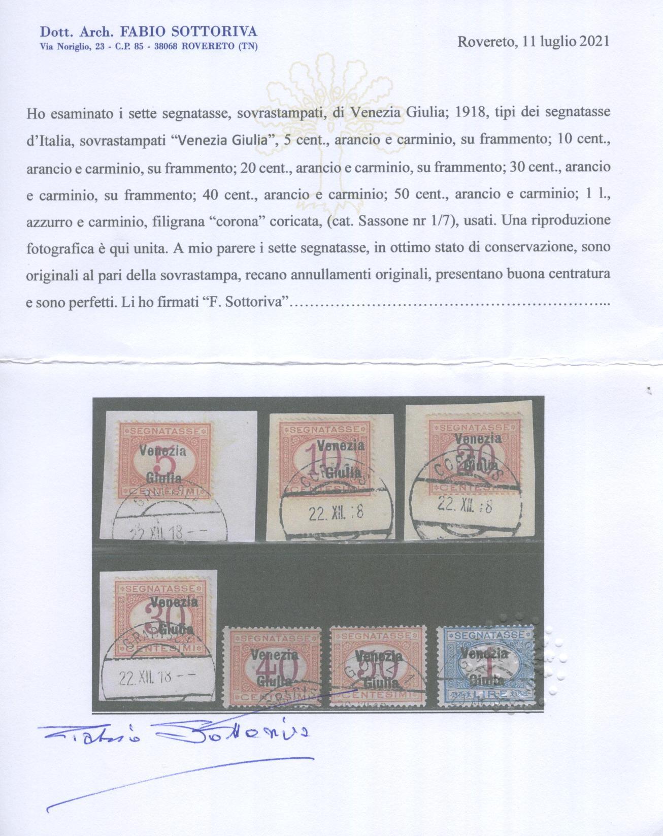 Scansione lotto: OCCUPAZIONI VENEZIA GIULIA 1918 TASSE 7V. US.  CERT.
