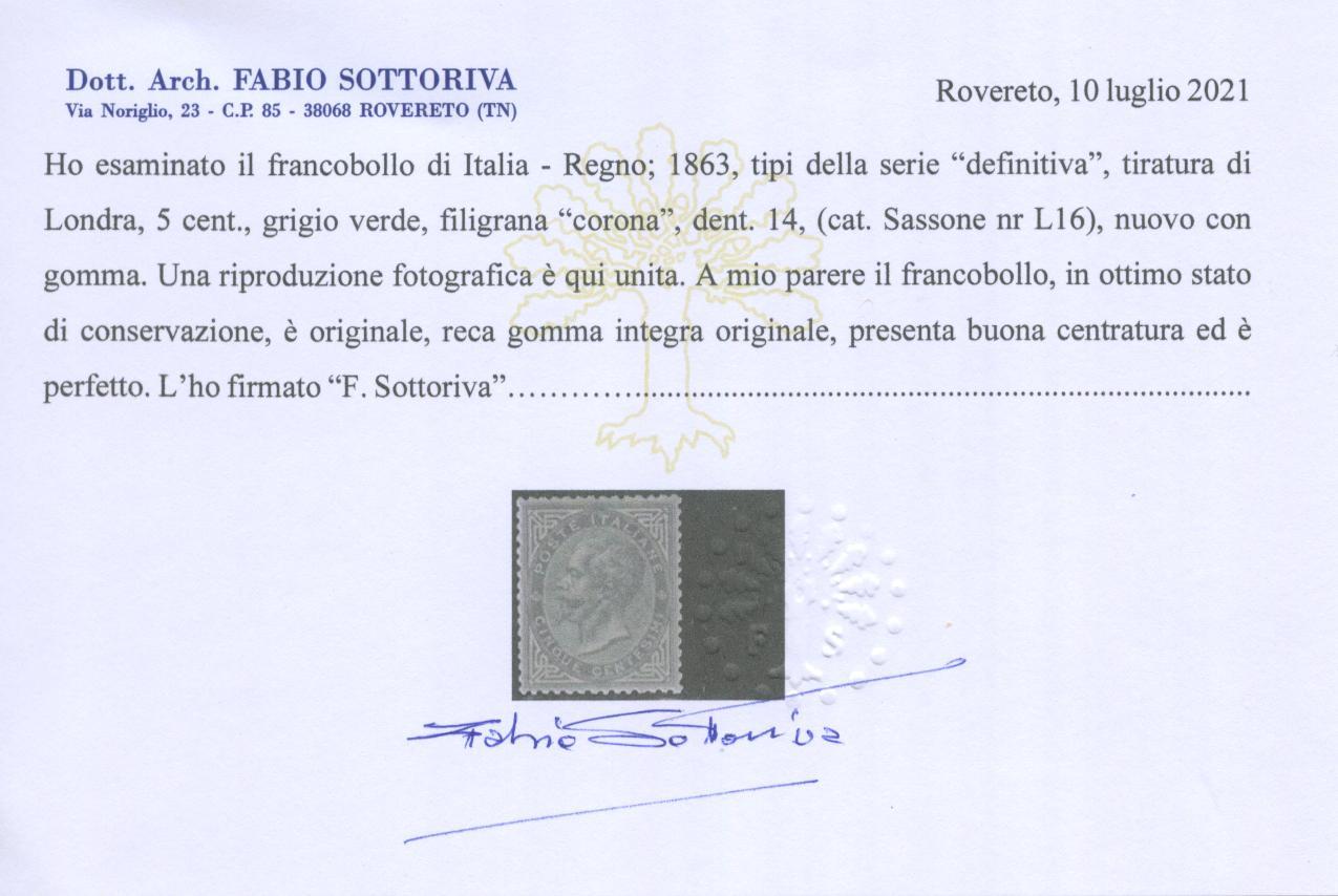 Scansione lotto: REGNO 1863 5C. LONDRA ** LUSSO CERT.