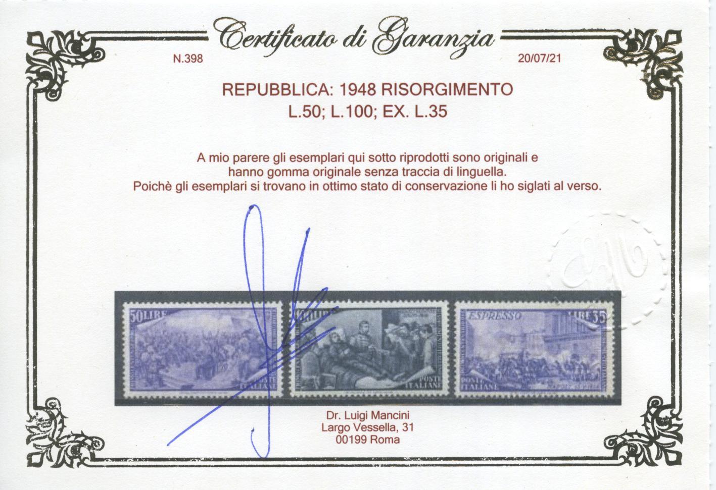 Scansione lotto: REPUBBLICA 1948 RISORGIMENTO 13V. 13 ** LUSSO CERT.