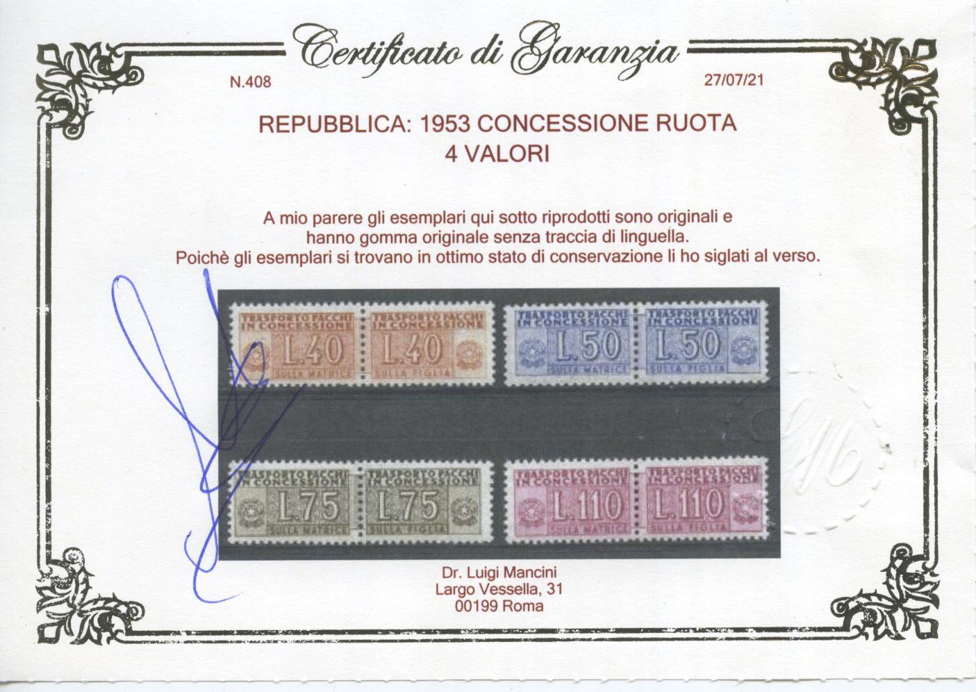 Scansione lotto: REPUBBLICA 1953 CONCESSIONE 4V. 3 ** CENTRATO CERT.