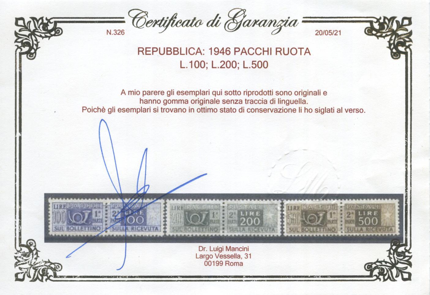 Scansione lotto: REPUBBLICA 1946/51 PACCHI RUOTA 14V. 4 ** LUSSO CERT.