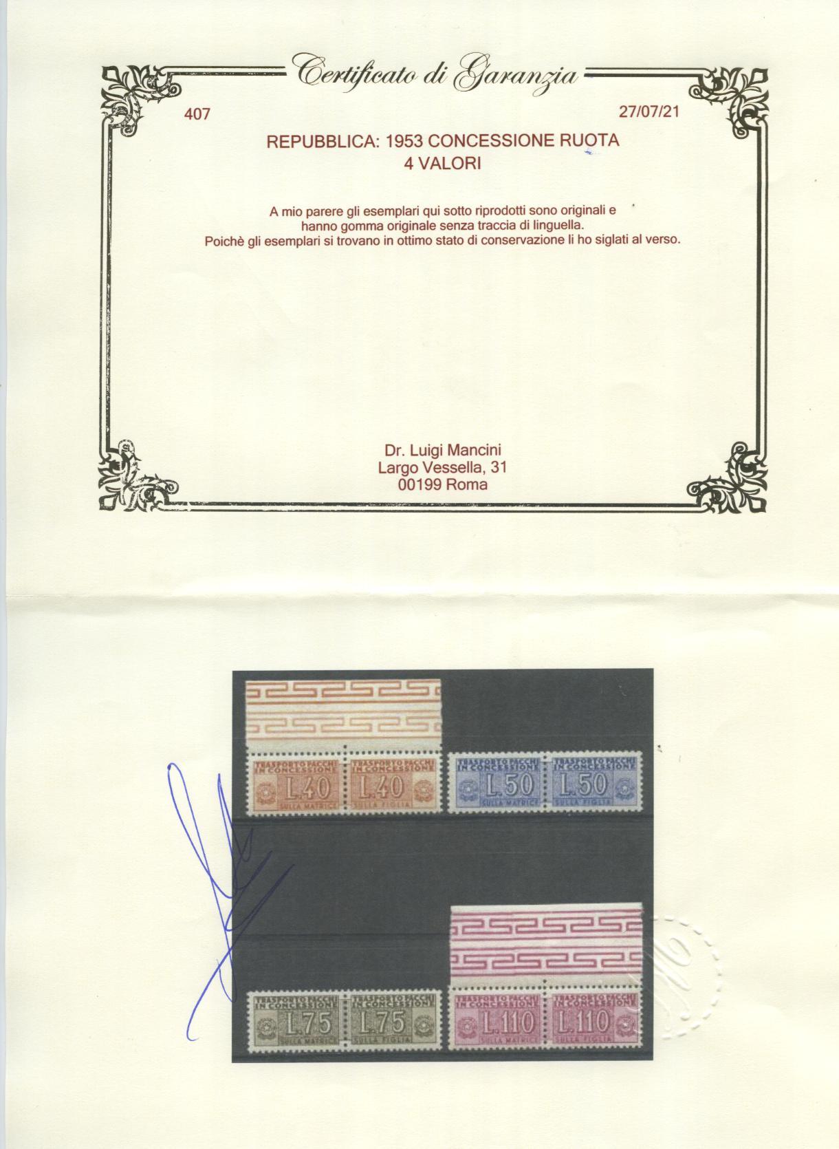 Scansione lotto: REPUBBLICA 1953 CONCESSIONE RUOTA 4V. 6 ** LUSSO CERT.